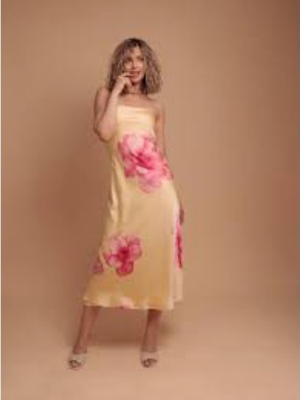 NWT Trixxi Yellow Floral Satin Maxi Dress with Pink Bloom Print medium